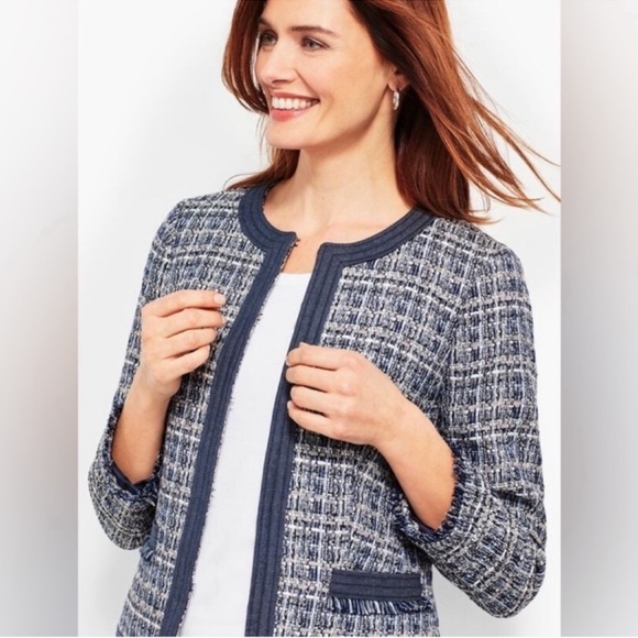 Talbots Tweed Crew Chambray trim Blazer Jacket Sz 16/XL Navy Blue White Fringe - Picture 4 of 16